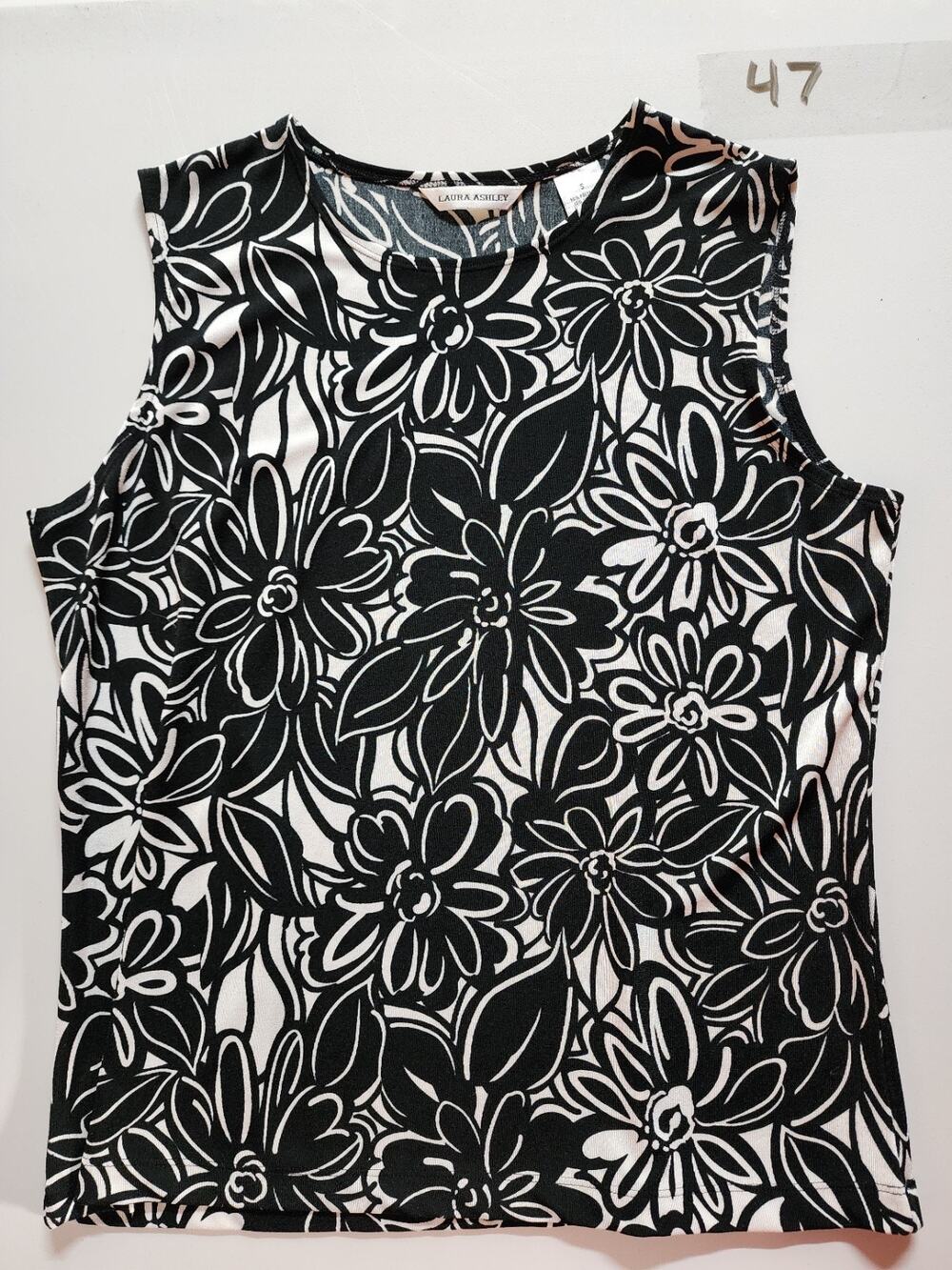 Vintage Laura Ashley Black White Graphic Floral Stretch Sleeveless Tank Top S